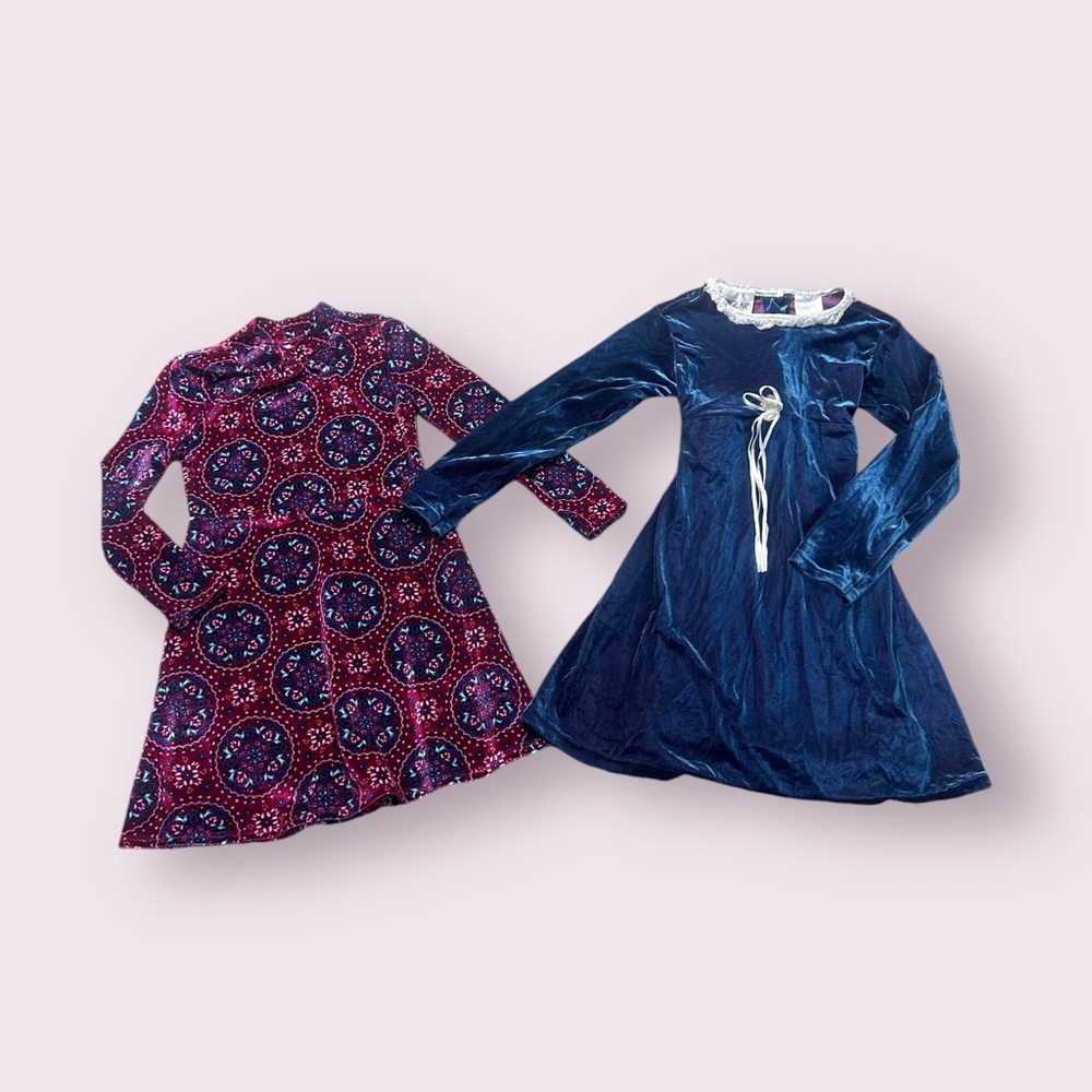 Set Of Two Vintage Toddler Velvet Dresses With Paisley Lace Ribbon Detail Size 5